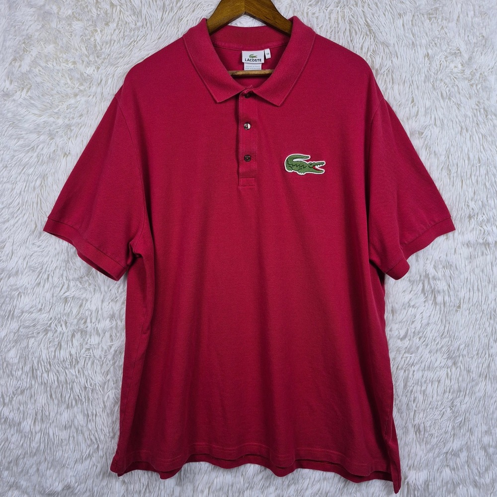 Lacoste Mens Red Cotton Pique Short Sleeve Big Croc Logo Polo Shirt Size 10R
